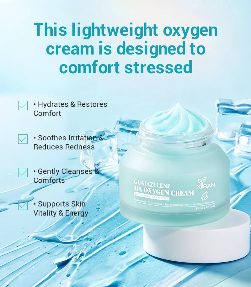 Jar of lightweight oxygen cream on a glossy, ice-filled surface with text highlighting hydration, irritation relief, cleansing, and skin vitality benefits.